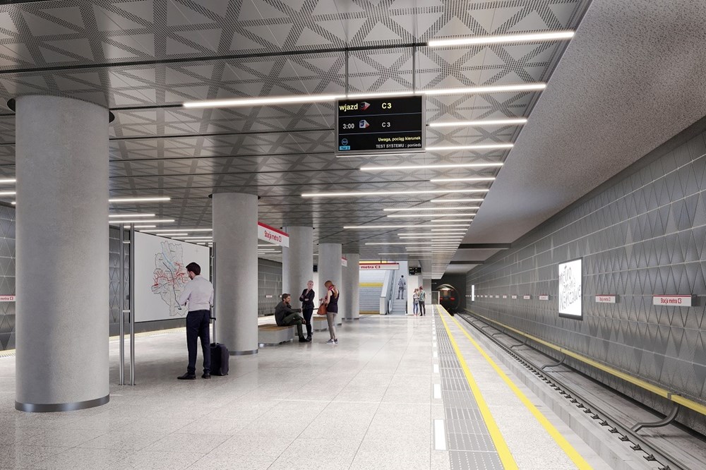 Wizualizacja podziemnej stacji metra M2 w zachodniej Warszawie - peron, oświetlenie i infrastruktura pasażerska